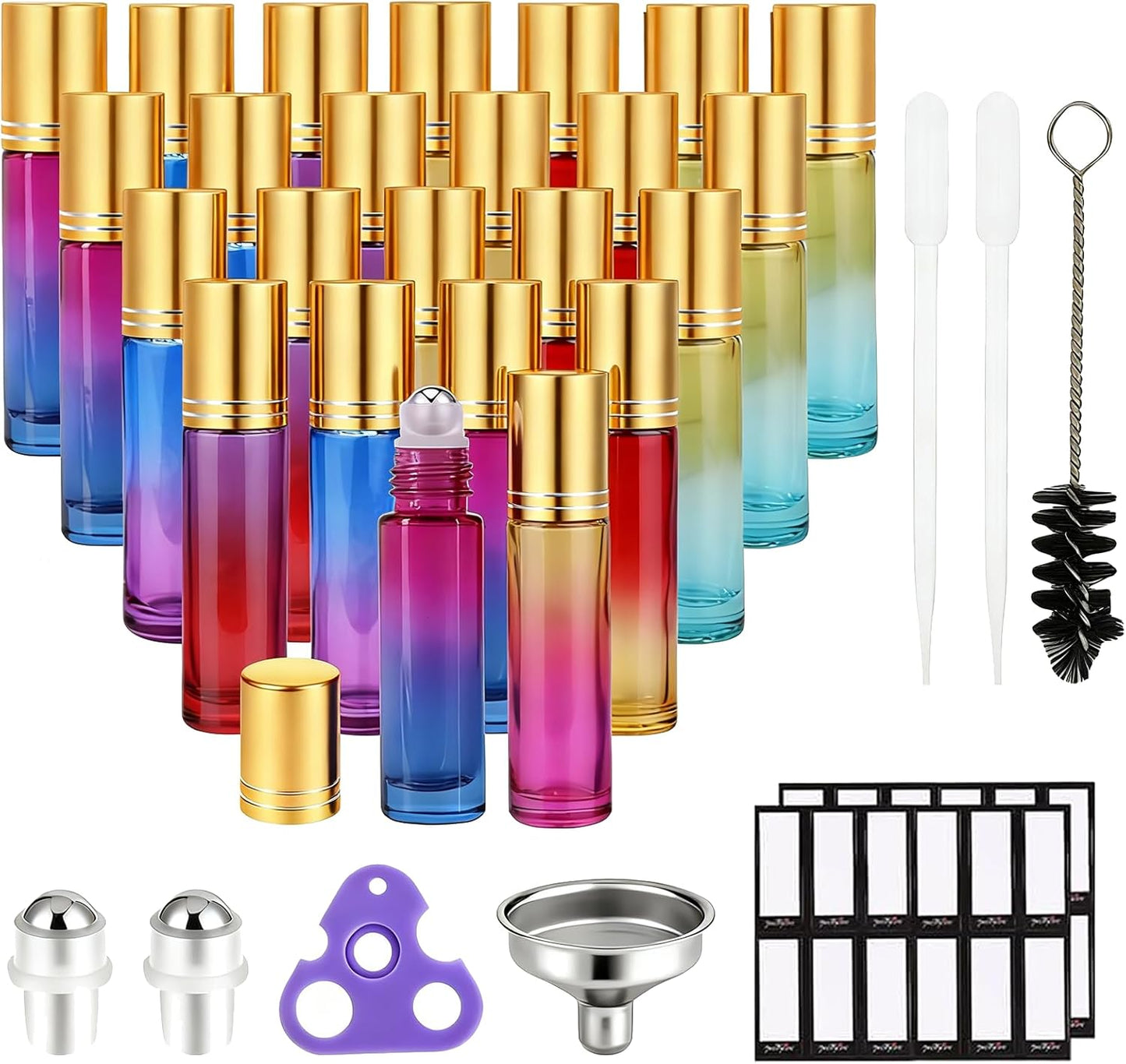 Essential Oil Roller Bottles Set of 24 | 10 ml Refillable Rainbow Glass with Stainless Steel Balls - Leak-Proof Travel Perfume Containers