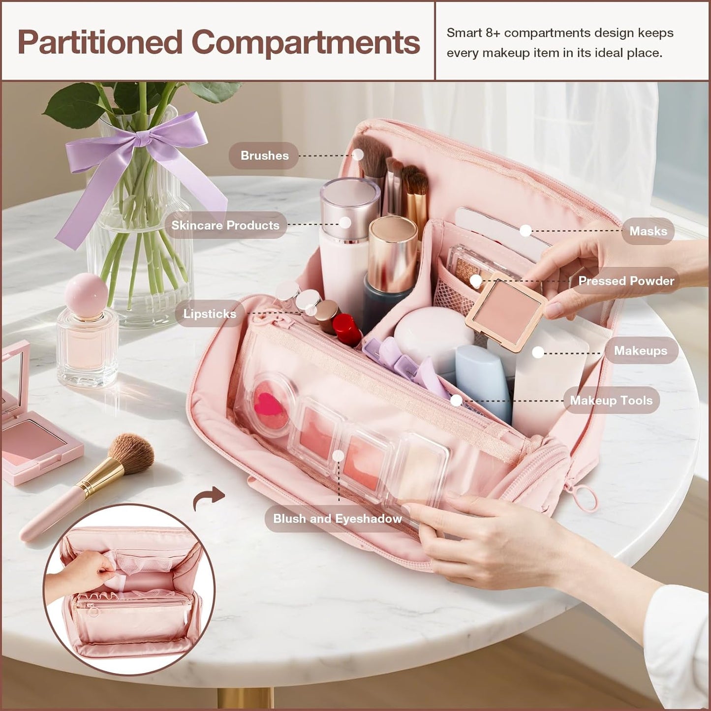 Standing Makeup Bag - Large Capacity Travel Toiletry Organizer with Multiple Compartments | Pink
