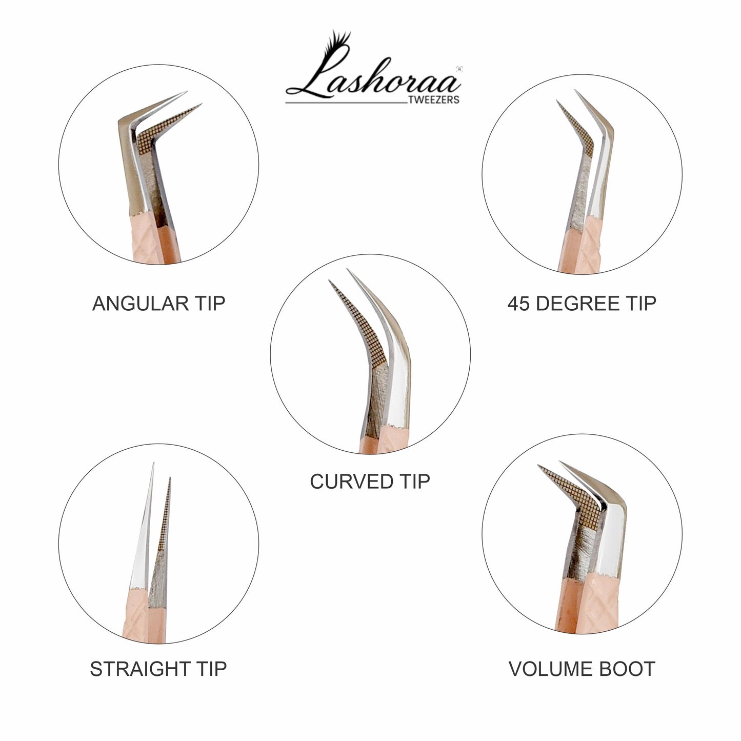 LASHORAA Professional 5pc Lash Extension Tweezers Pack - Fiber Tip Diamond Grip Japanese Steel, Precision Angled Tips - Perfect for Volume & Mega Volume Lashes with Leather Pouch (Peach)