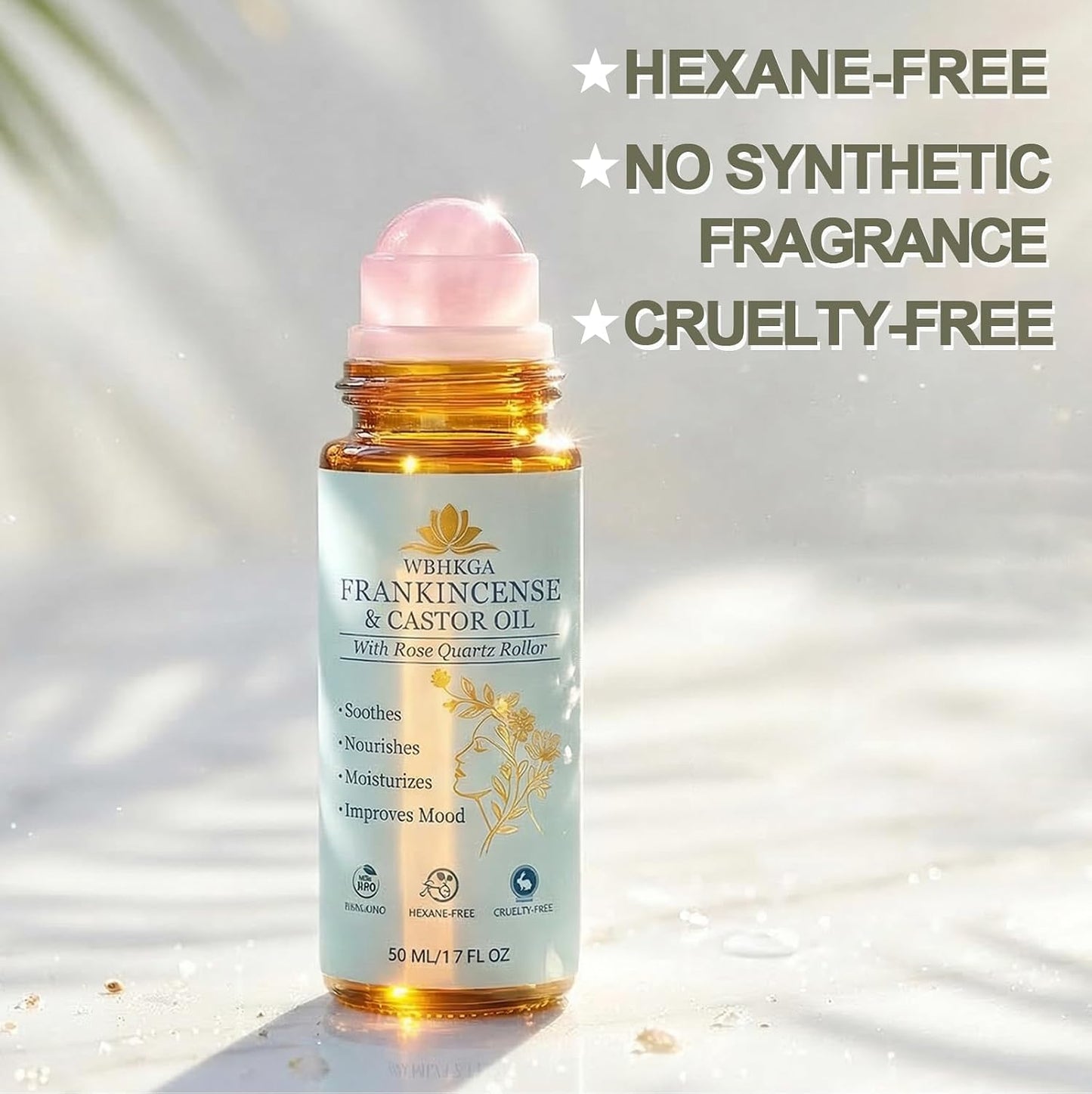 Real Rose Quartz Eye Roller - Castor Oil & Frankincense Serum for Dark Circles, Fine Lines | 50ml / 1.7 fl. oz.