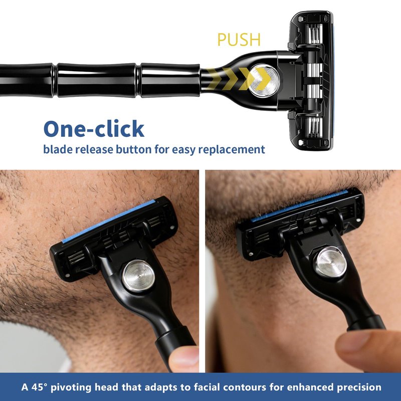 FYNEDGE Men's Razor Blade Refills, 12 Count, 3-Layer Ceramic Coated Blades with Lubricating Strip, Matching Handle, Wall Hook & Cleaning Brush Included for Smooth Shaving