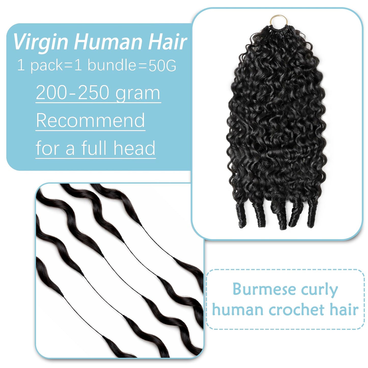 Burmese Curly Crochet Human Hair 16 Inch 50g Knotless Pre-Separated Feather Crochet Human Hair,Time-Saving,Lightweight Reusable Miracle Knots Hair With Spiral Curl for Black Women Natural Black Color