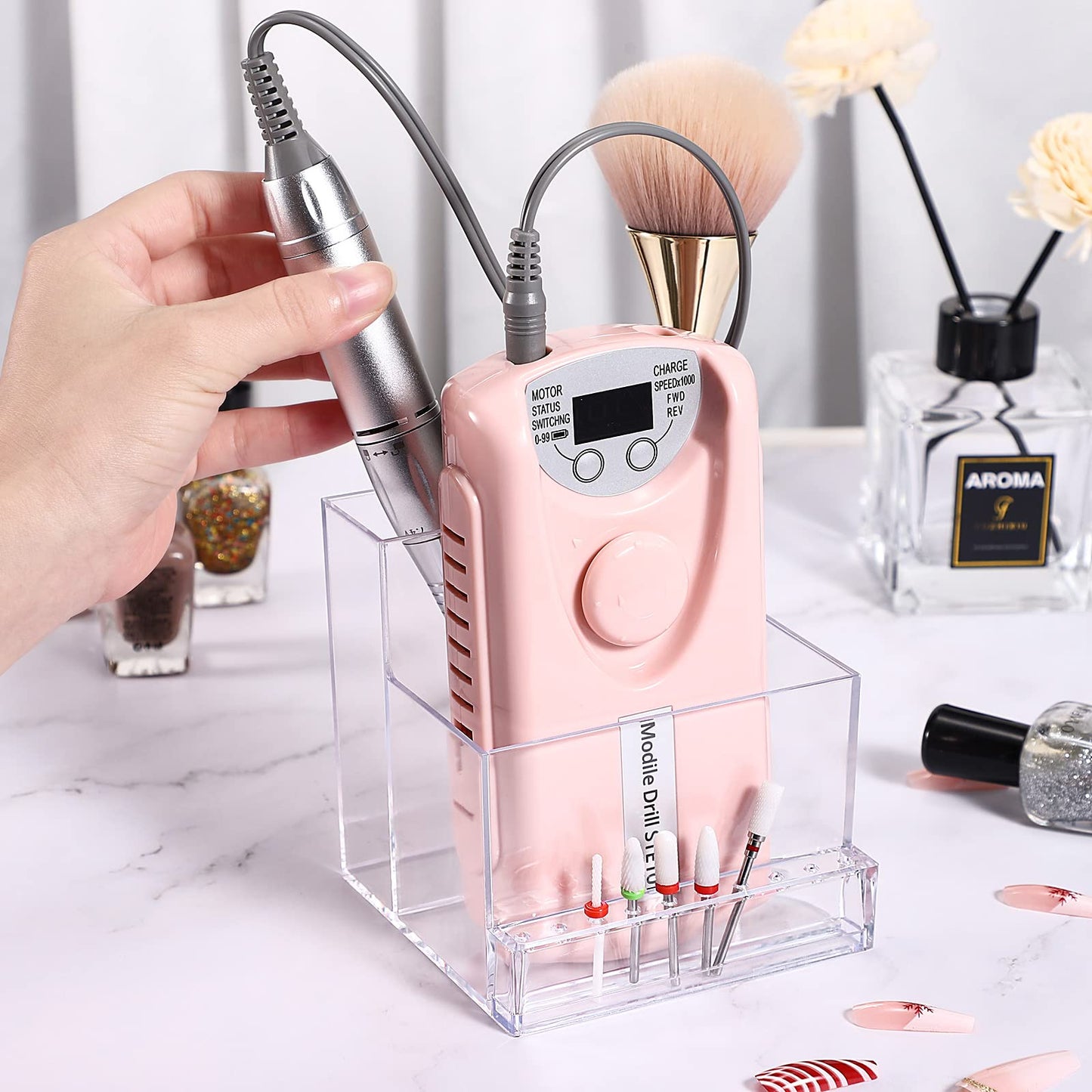 Noverlife 10 Holes Mini Nail Drill Machine & Bits Storage Box, Transparent Nail Drill Grinding Bit Organizer, Plastic Nail Drill Tool Displayer Holder Case (Not Included Nail Drill Machine & Bit)