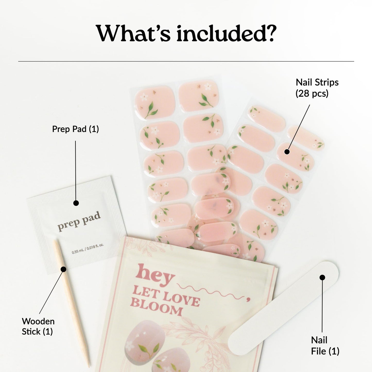 Heyhae Semi Cured Gel Nail Strips | No LED Lamp Needed |Pink, Floral | Easy Apply & Remove, Salon Quality | Includes 28 Strips, 2 Prep Pads, Nail File & Wooden Stick - Hey, Let Love Bloom