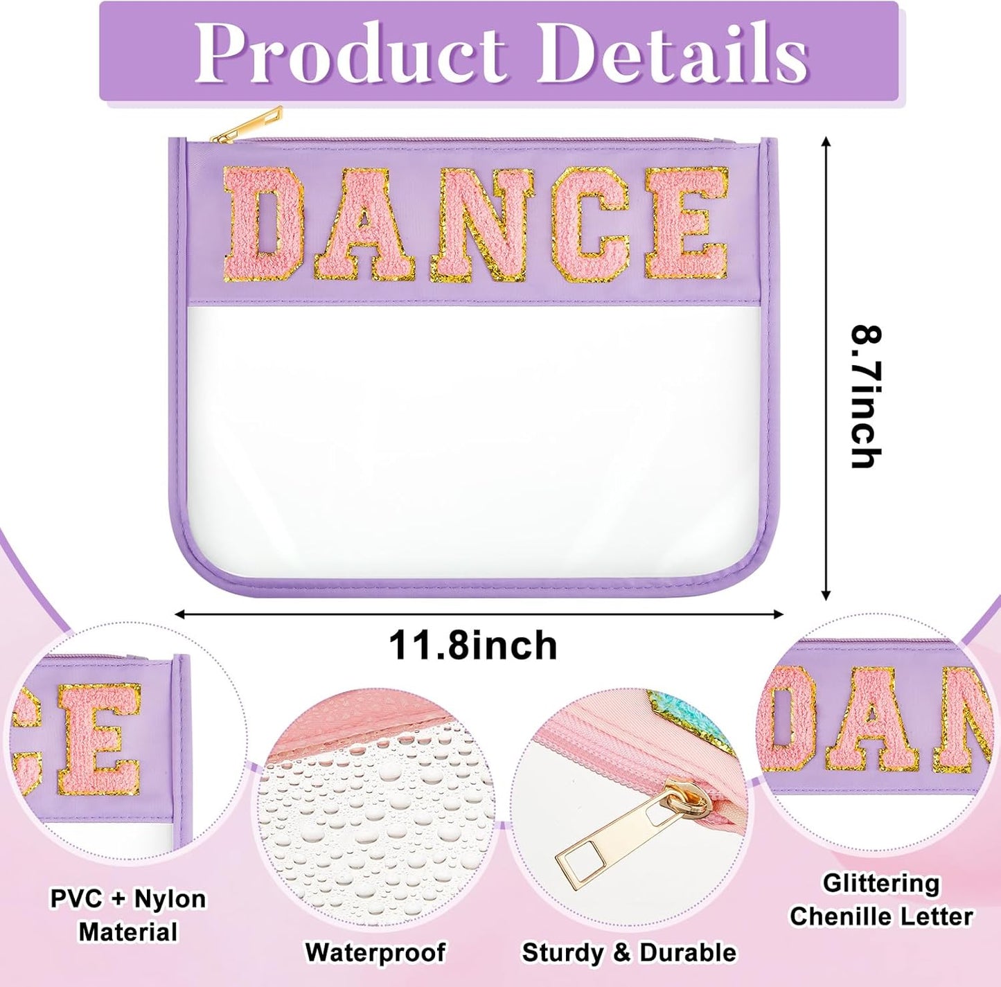 Chenille Letter Dance Patch Makeup Bags - Waterproof PVC Cosmetic Organizer | 6 Pcs Candy Color Toiletry Pouches