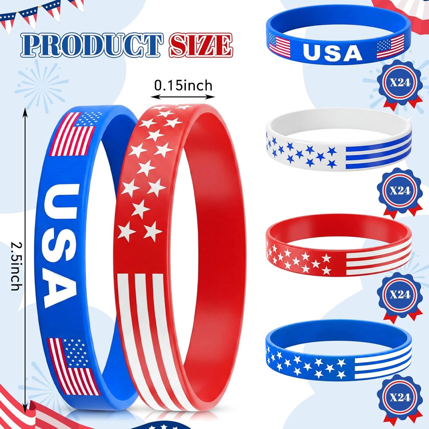 48 Pcs 4th of July Party Favors - Patriotic USA Flag Silicone Bracelets | Red, White & Blue Wristbands for Independence Day