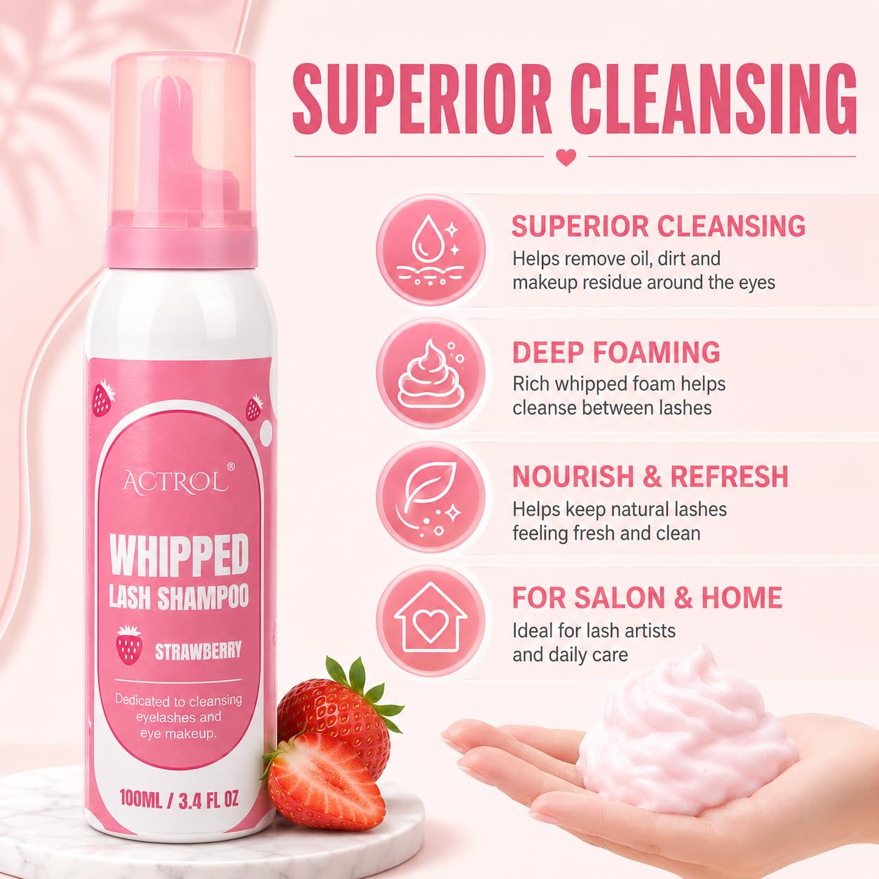 ACTROL Whipped Lash Shampoo for Lash Extensions, 100ml Strawberry Scented Eyelash Cleanser Foaming Wash with Brush Eyelid Eye Makeup Remover for Salon and Home Use