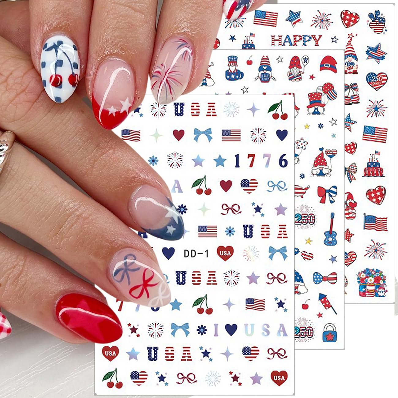 6Sheets 4th of July Nail Stickers 3D Self-Adhesive Independence Day Patriotic Nail Decals Red White Blue Star Heart USA Flag Nail Art Stickers for Women Fourth of July Nail Art Design Party Decoration
