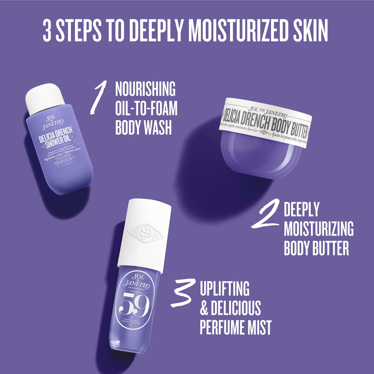 Sol de Janeiro Delicia Drench Vanilla Moisturizing Body Routine Gift Set for Women | Includes Delicia Drench Body Butter, Shower Oil, and Cheirosa 59 Perfume Mist