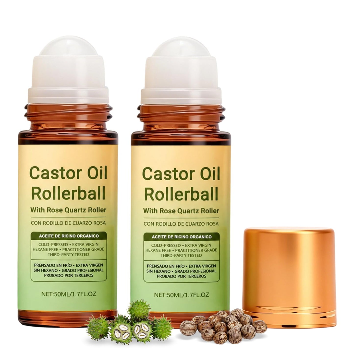 2pack Rose quartz castor oil roll-on applicators, 100% cold-pressed moisturizing oil, with rose quartz roll-on applicator - suitable for face, body, hair, and eyebrows, moisturizes skin