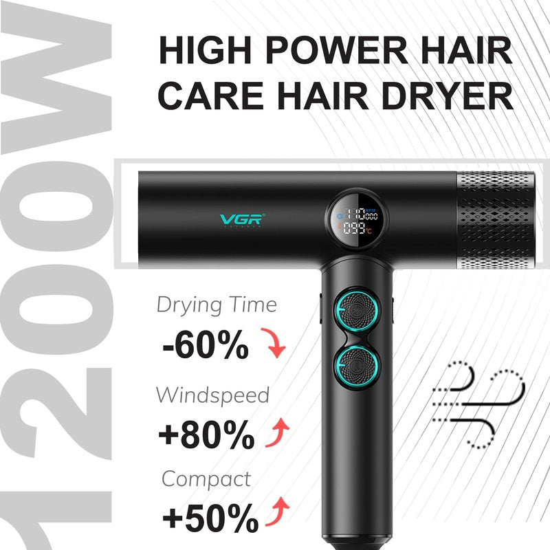VGR 401 Negative Ionic Hair Dryer, Professional BLDC Motor Blow Dryer for Fast Drying, LED Display Low Noise Thermo and RPM-Control Hairdryer, Travel with Magnetic 1 Diffuser & 2 Nozzle, Black