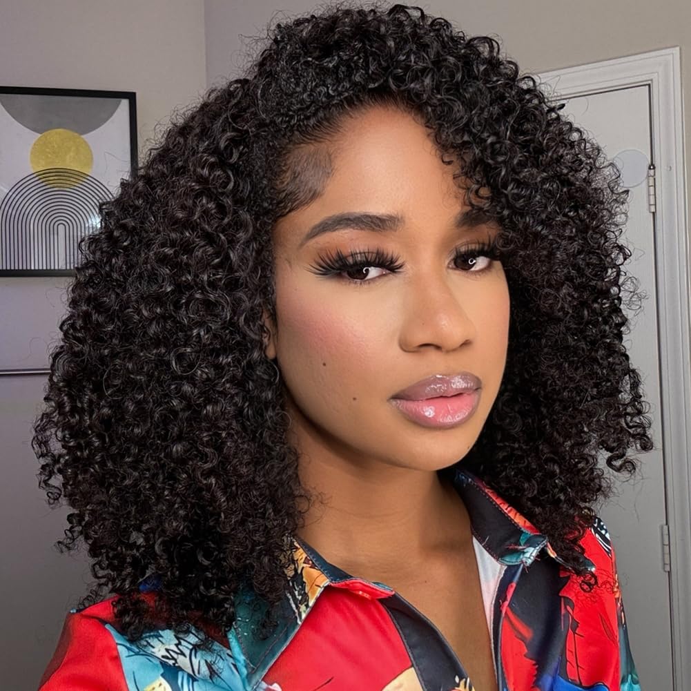 Kinky Curly 3 In 1 Half Wig - 200% Density Human Hair | 16 Inch Afro Curly Flip Wig for Women