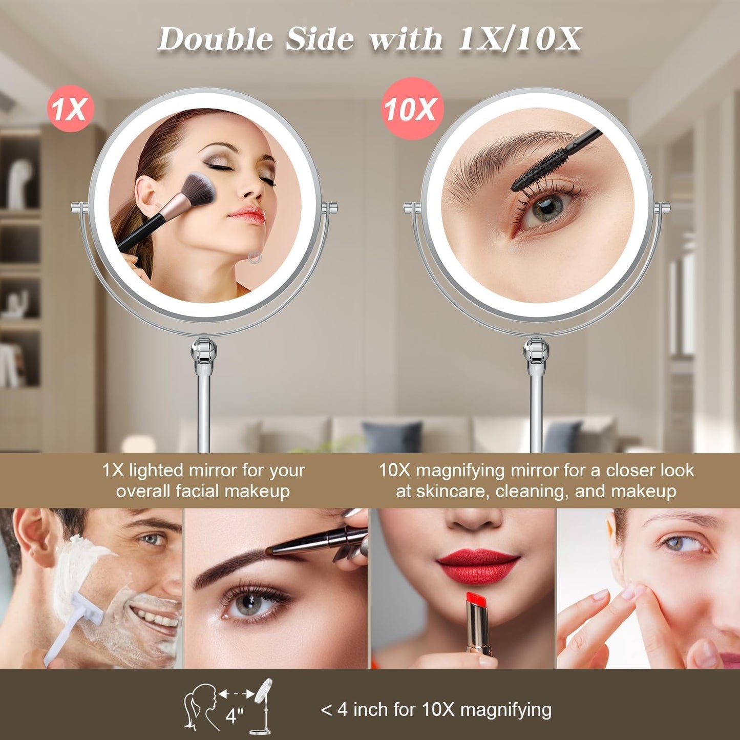 Rocollos Tabletop Makeup Mirror with Built-in Vanity Tray, 9" Rechargeable 4000mAh Lighted Vanity Mirror 1X/10X Magnification, Height-Adjustable Arm, 3 Color Dimmable (Nickel)