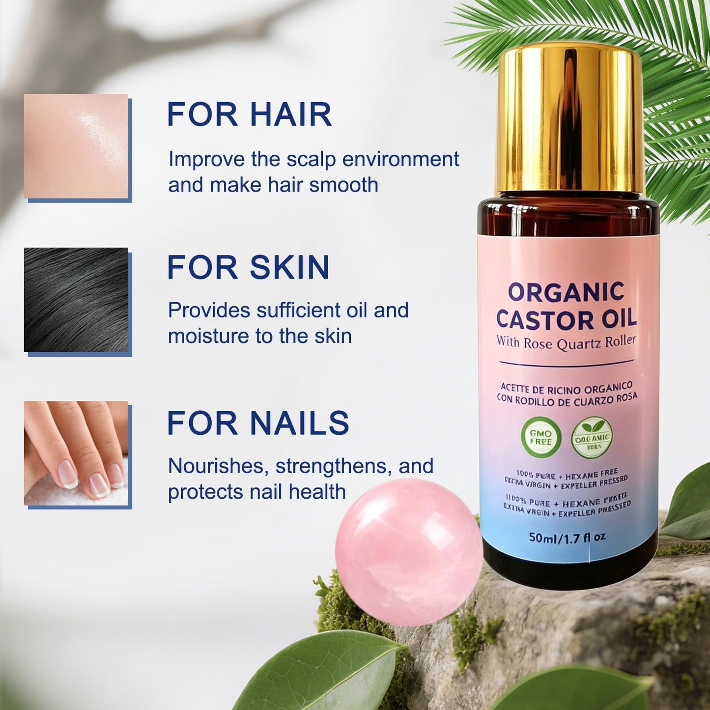 Organic Castor Oil with Rose Quartz Roller Ball, 100% Castor Oil Organic Cold Pressed for Hair, Face & Body Skin Moisturizing Care, Hexane-Free. 1.7 Fl Oz
