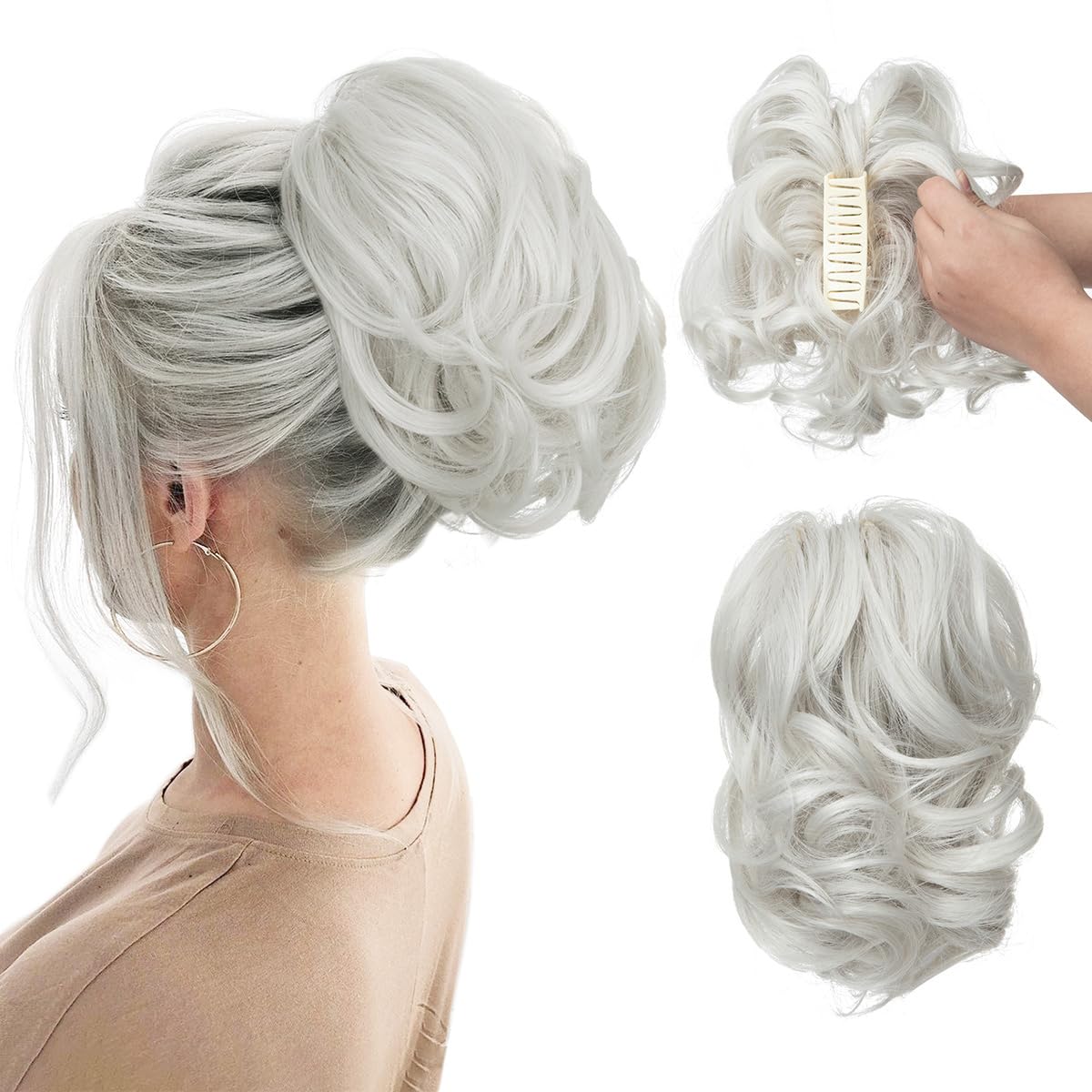 CJL Hair Claw Clip Short Ponytail Extensions - Bendable Metal Messy Bun Piece | Wavy Curly Synthetic Hair, Ash Grey