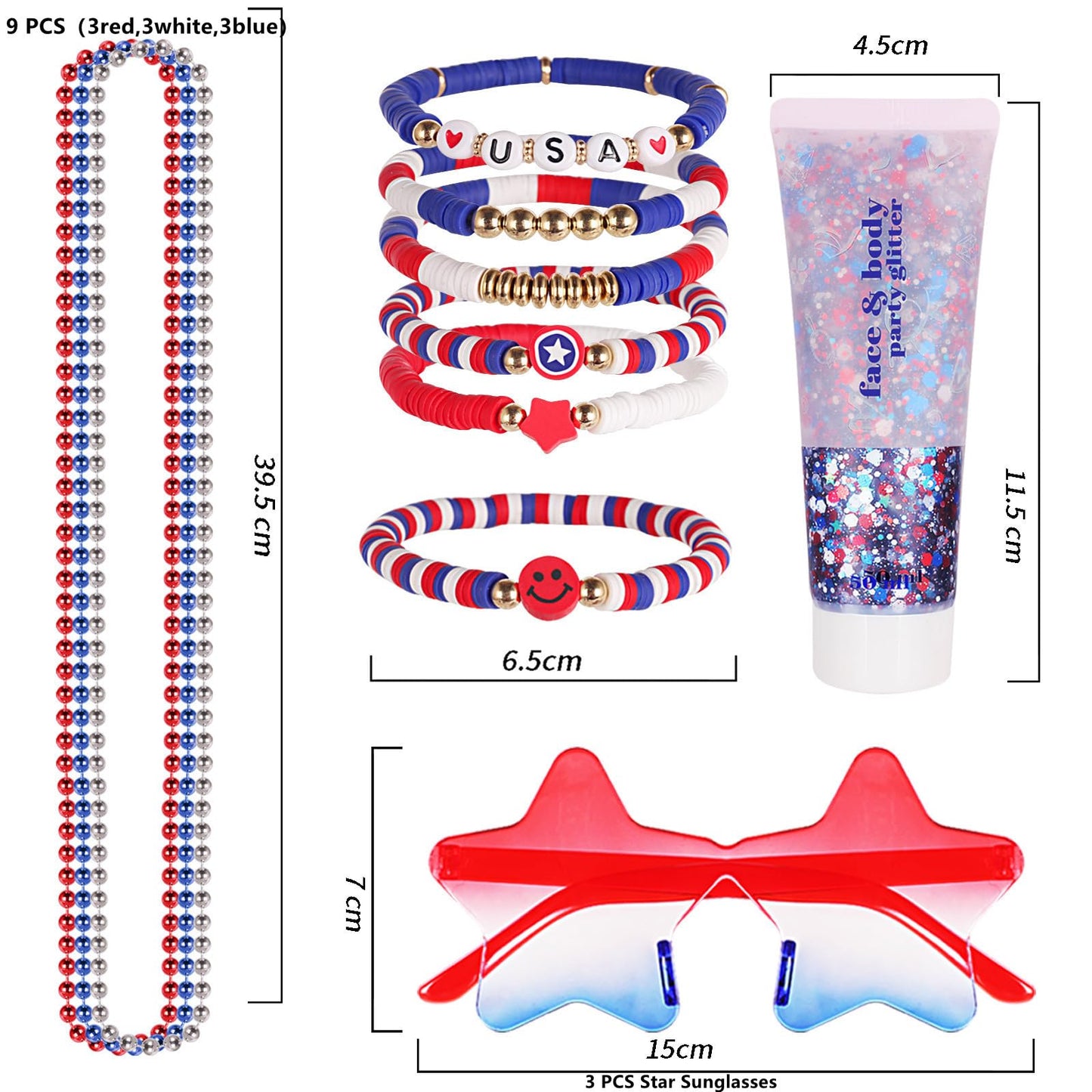 Go Ho 4th of July Outfits for Women,6PCS Beaded Stackable Stretch Bracelets,Red White and Blue Face Body Glitter,9PC Necklaces,3PC Star Glasses, Fourth of July Decorations Favors Accessories Set