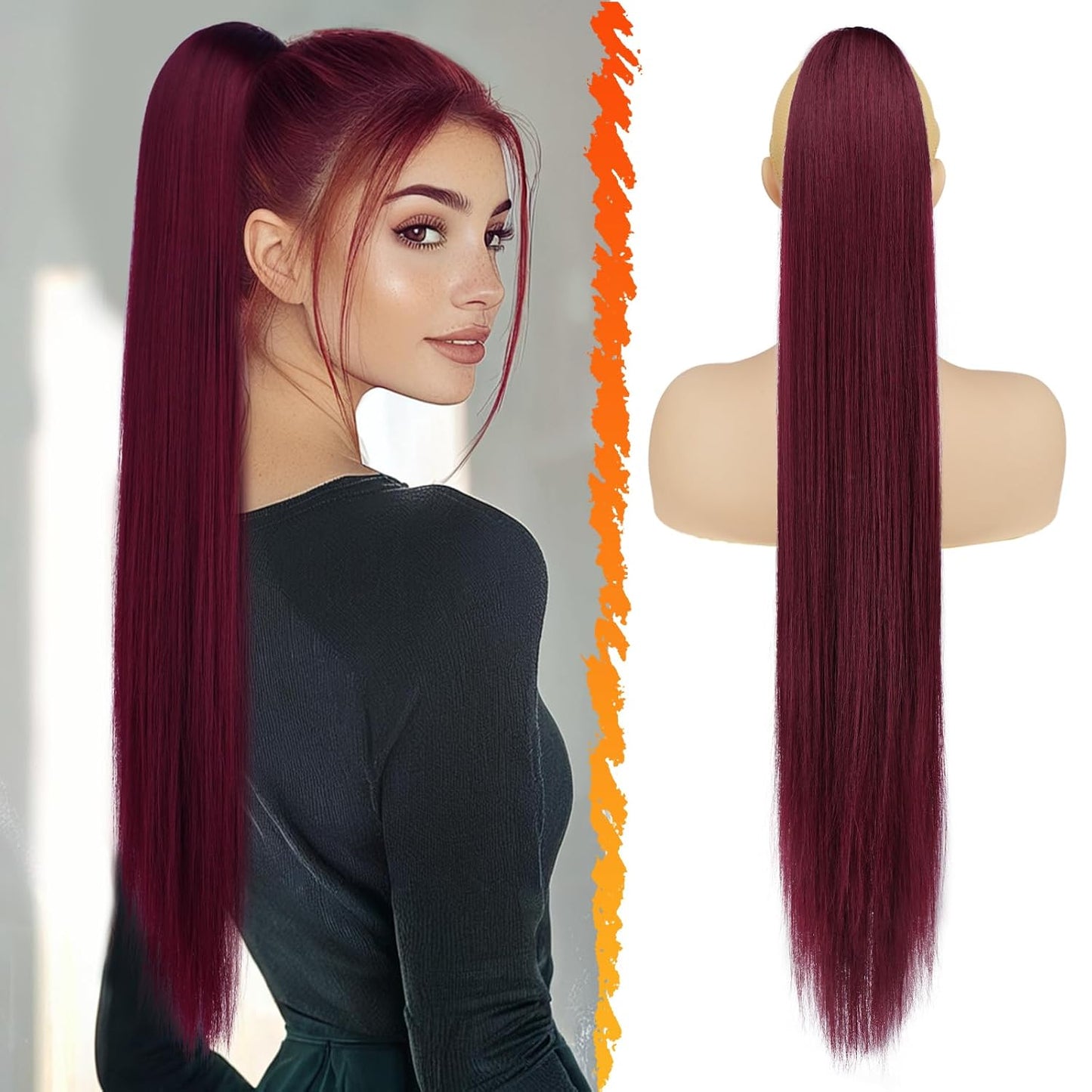 Long Straight Ponytail Extension - 26 Inch Brown Synthetic Clip-In Hairpiece for Women | Light Brown Mixed