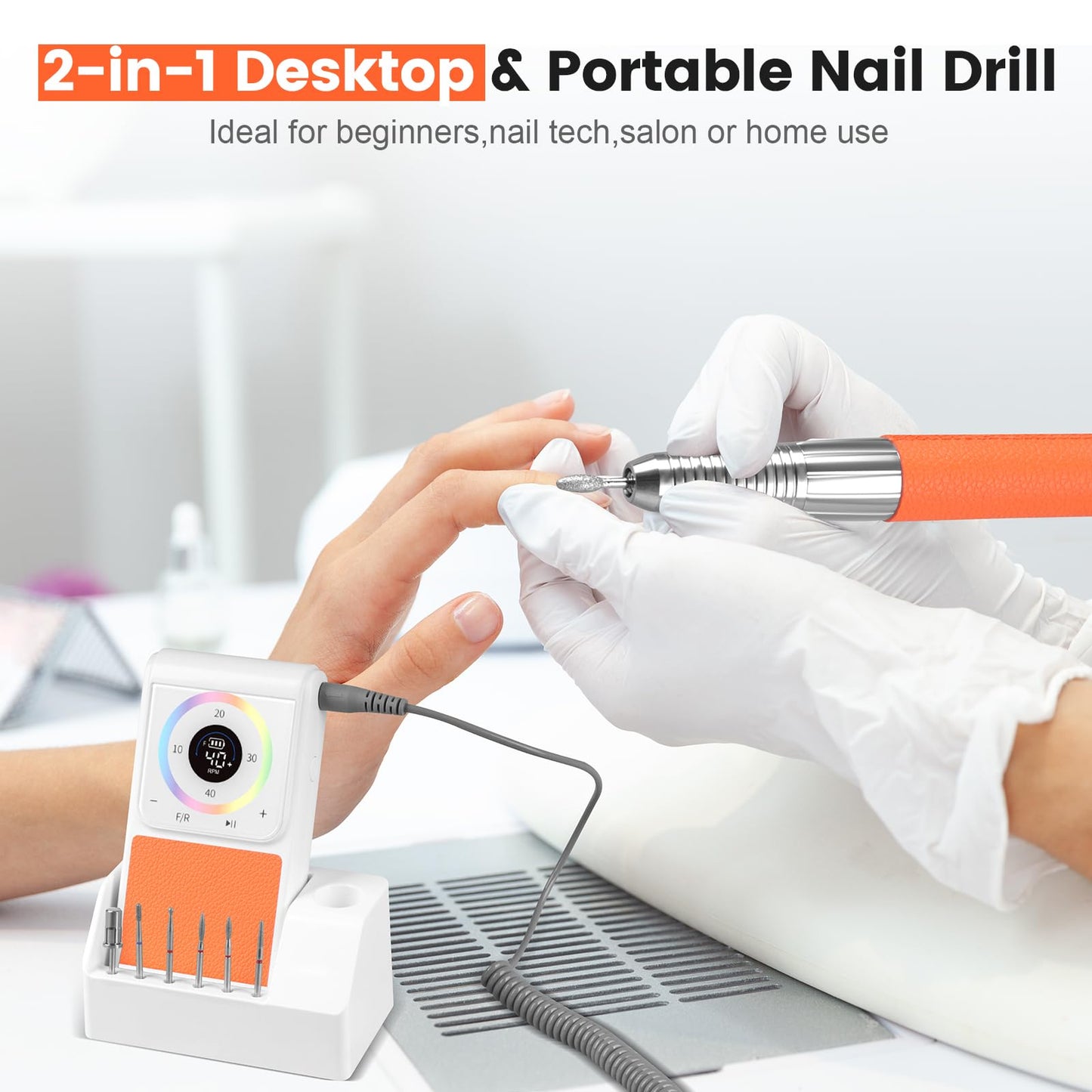 HoMove Professional Nail Drill, 40,000RPM Brushless Electric Nail File, Cordless Rechargeable Portable Nail Efile Machine