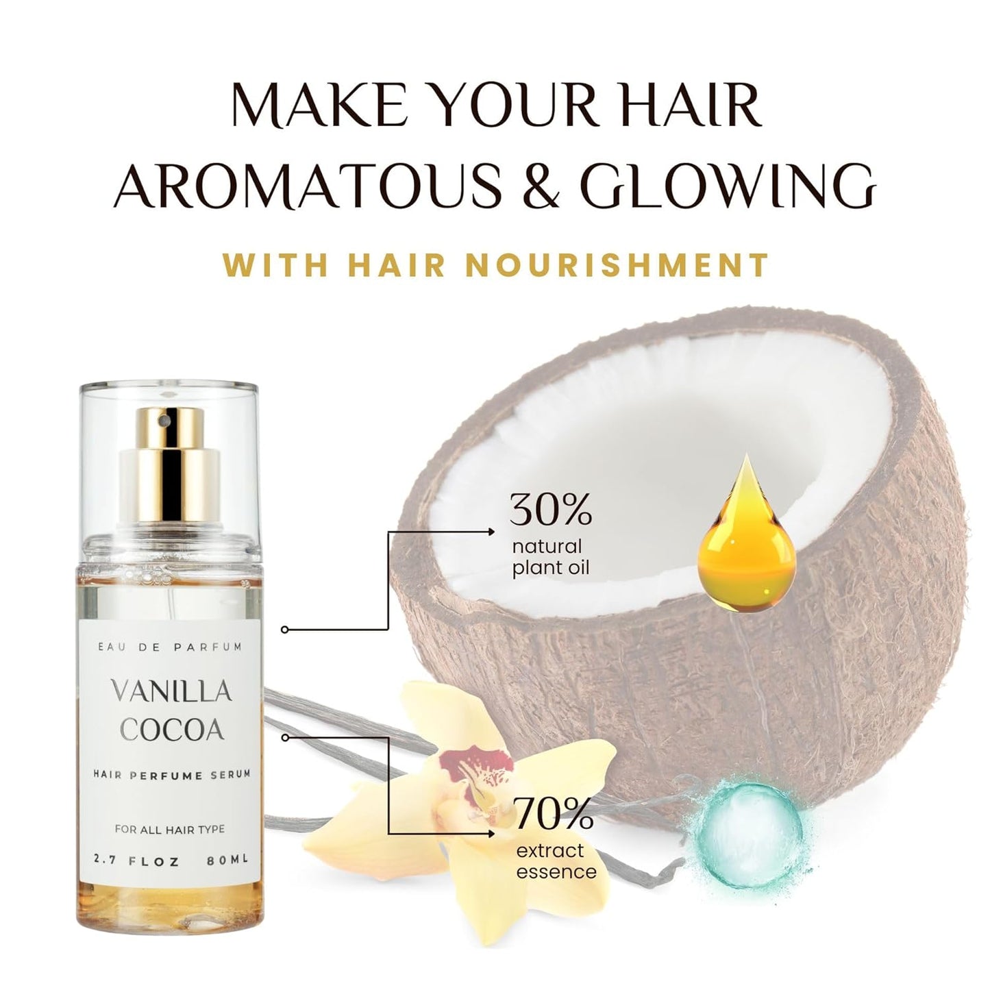 Hair Perfume for Women - Lightweight Summer Fragrance Mist | Hydrating Argan Oil & Keratin Spray (Vanilla Cocoa) 2.7 fl oz