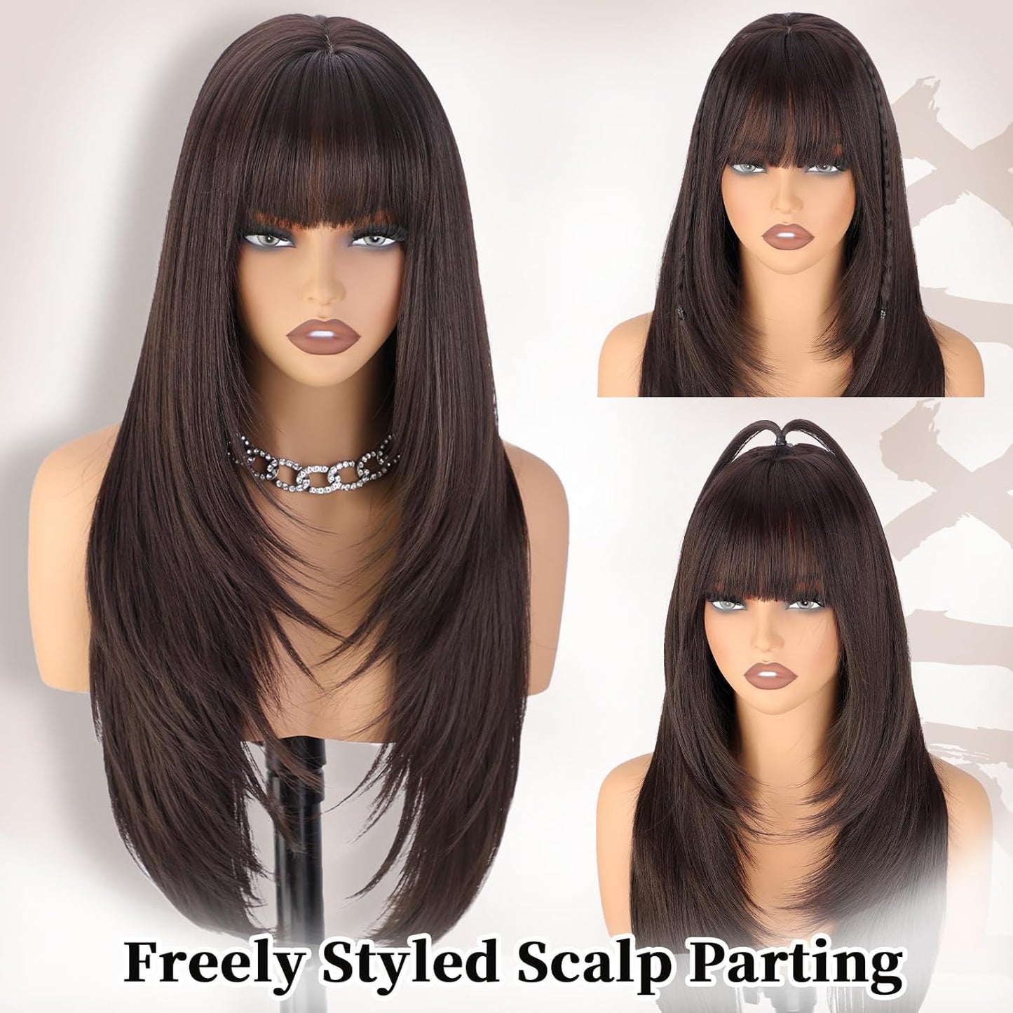 Brown Wig with Bangs for Women - 4x4 Realistic Scalp, Heat Resistant, 26 Inch Long Layered Synthetic Wig | Natural Dark Brown for Daily Use & Cosplay