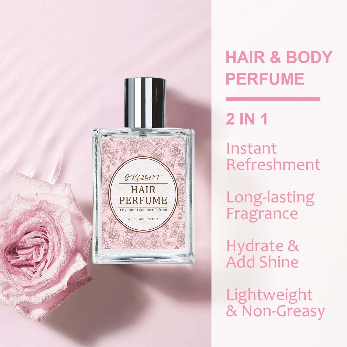 Hair Perfume for Women - Long-Lasting Scent, Frizz Control & Odor-Eliminating Formula, Pheromone-Infused, Hair & Body Fragrance Mist, Perfume Oil Nourishes & Hydrates, Fresh Romantic Rose Scent