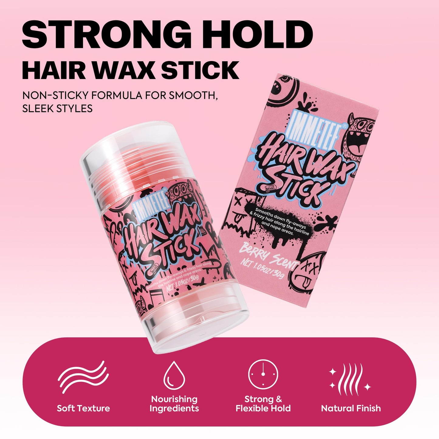 immetee Hair Wax Stick Womens, Frizz & Flyaways Hair Tamer Stick, Not Greasy, No Residue, Hair Wigs Edge Control Slick Gel for Hairstyling,1.05oz/30g (Blueberry Flavour)