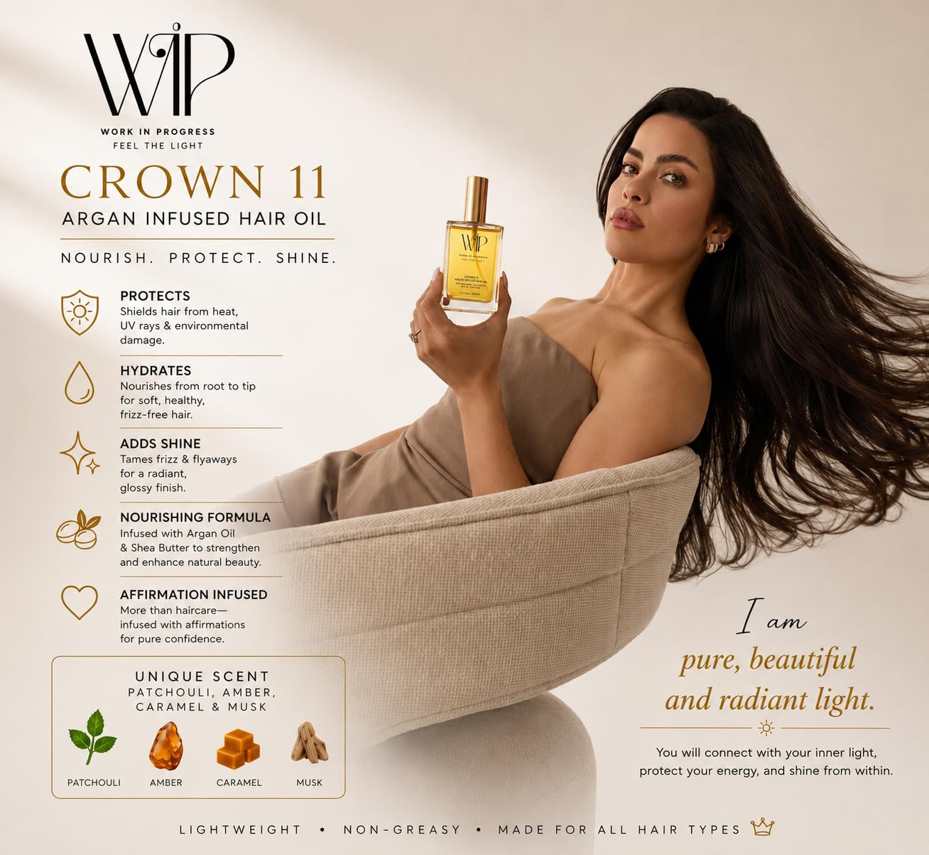 Wip Hair Oil - Crown 11 Argan Infused Hair Oil - Hair Heat Protectant Oil for Frizz Control - Adds Shine and Smooths Split Ends - Color Safe Formula - Paraben, Phthalate and Sulfate Free - 100ml