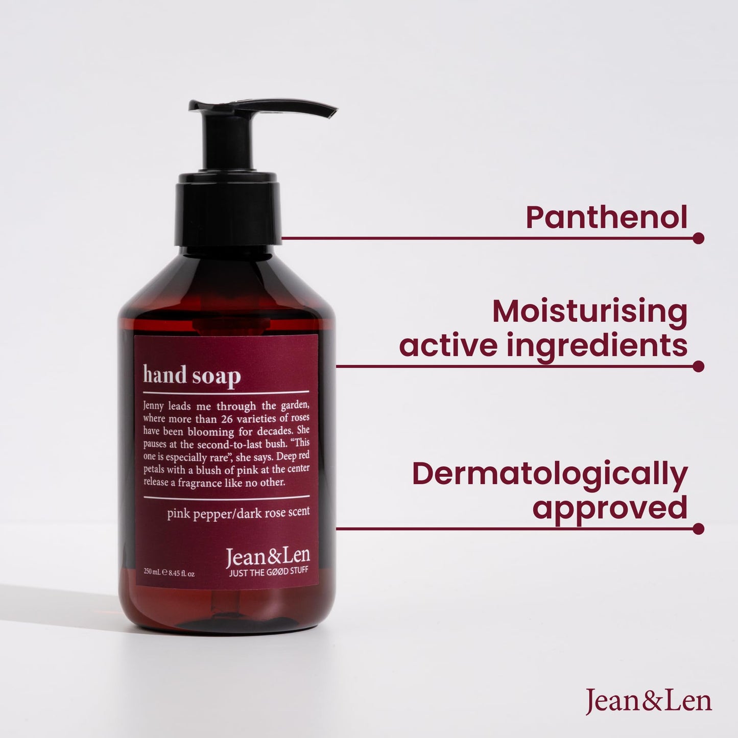 Jean & Len Hand Soap Pink Pepper & Dark Rose, gently cleanses stressed hands, suitable for daily use, liquid soap in pump dispenser, sensual fragrance, vegan, 8.45 Fl. Oz.