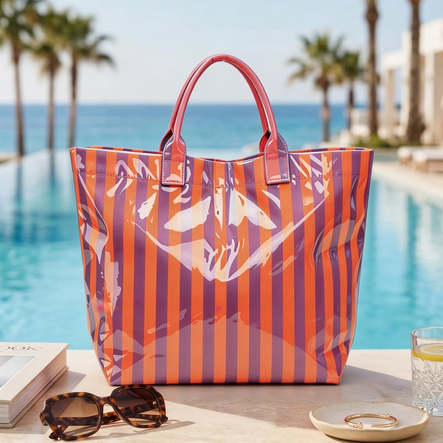 Tote Bag for Women Striped PVC Tote Bag Beach Tote Bags,Waterproof Handbag for Travel,Pool,Summer Travel Vacation Purse