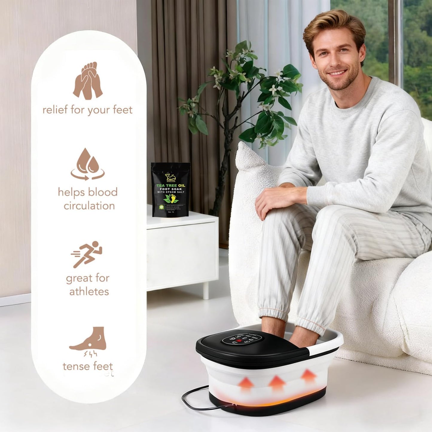 Collapsible Foot Spa Bath Massager - Heated Vibration & Bubbles | 16oz Tea Tree Oil Foot Soak & Epsom Salt - Black