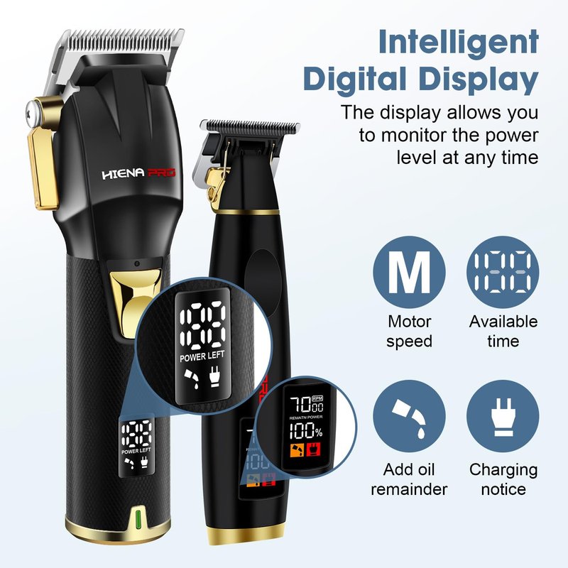HIENA PRO Professional Hair Clippers Set for Men Cordless Barber Kit Hair Cutting Set Rechargeable Clippers and Trimmers Set Hair Cutting Kit with LED Display, USB Charging, Gifts for Men, (Black)