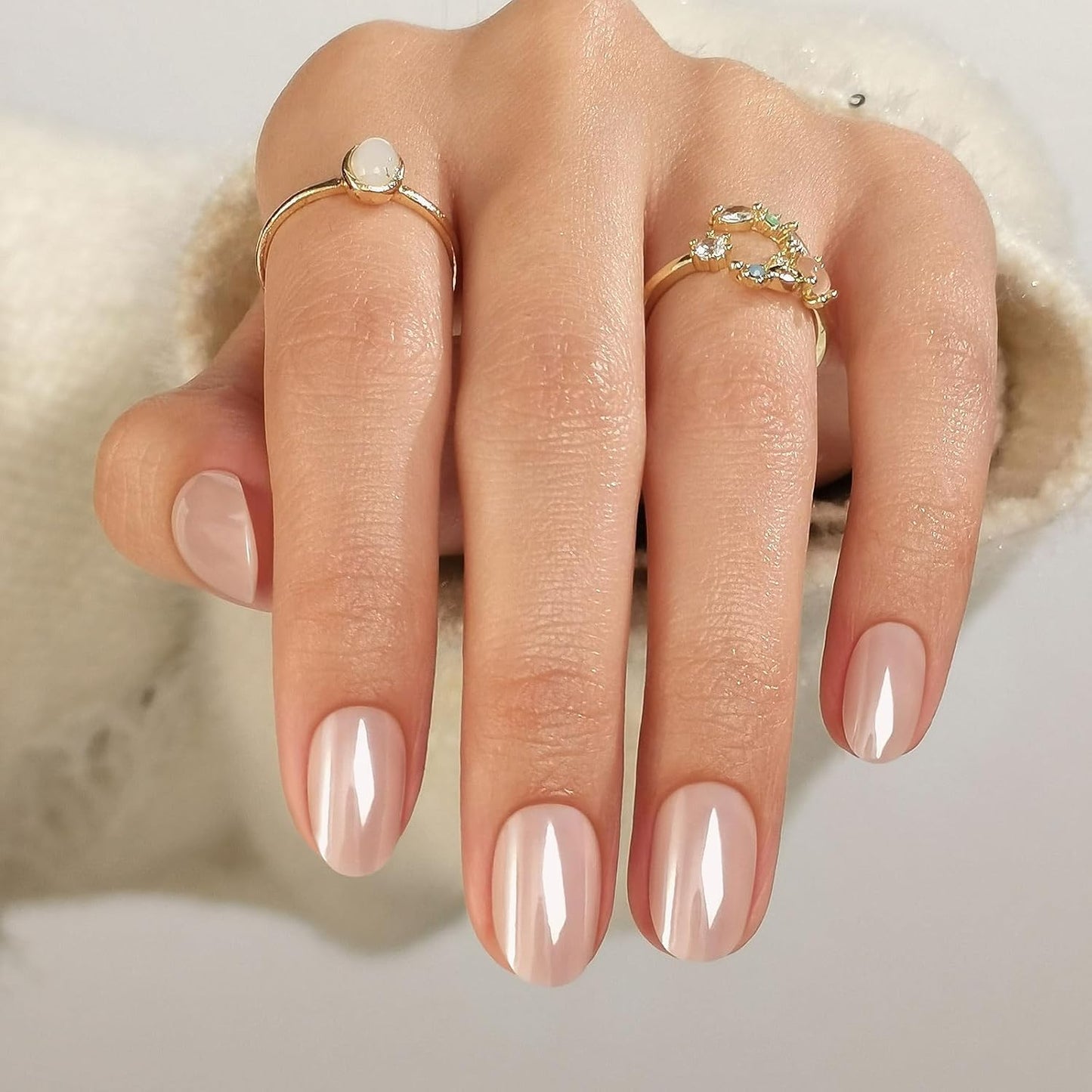 Chrome Press On Nails - Oval Soft Gel Nude Short for Women | 32 Reusable Glossy Glue-On Nails in 16 Sizes