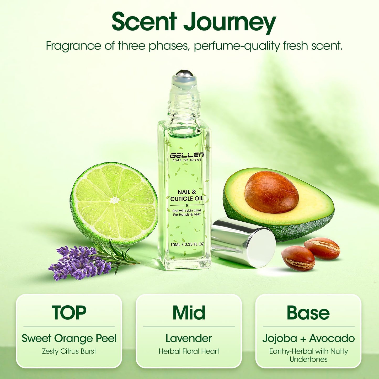 Gellen Cuticle Oil, Roll-On Nail Growth Oil, Nail Oil for Nail Growth & Repair & Strength, Green Citrus Avocado Baobab Oils Vitamin E, Nail Care for Damaged Skin & Thin Nails, Soften & Nourish Cuticle