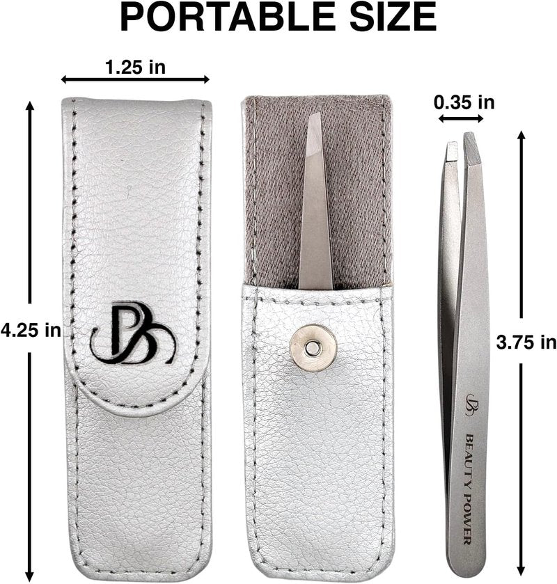 Professional Slant Tweezers - Ultra Precision German Stainless Steel for Eyebrow & Facial Hair Removal | Durable Gray Case