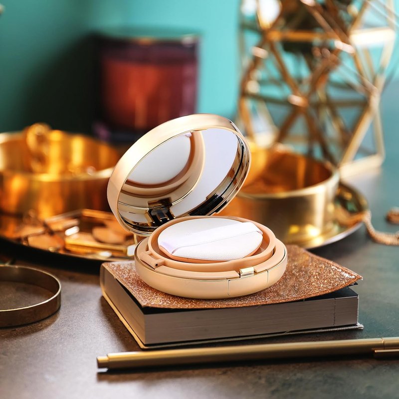 Gold Empty Cushion Foundation Makeup Sponge Holder - 7 Pcs Portable Makeup Container with Extra Sponges & Mirror