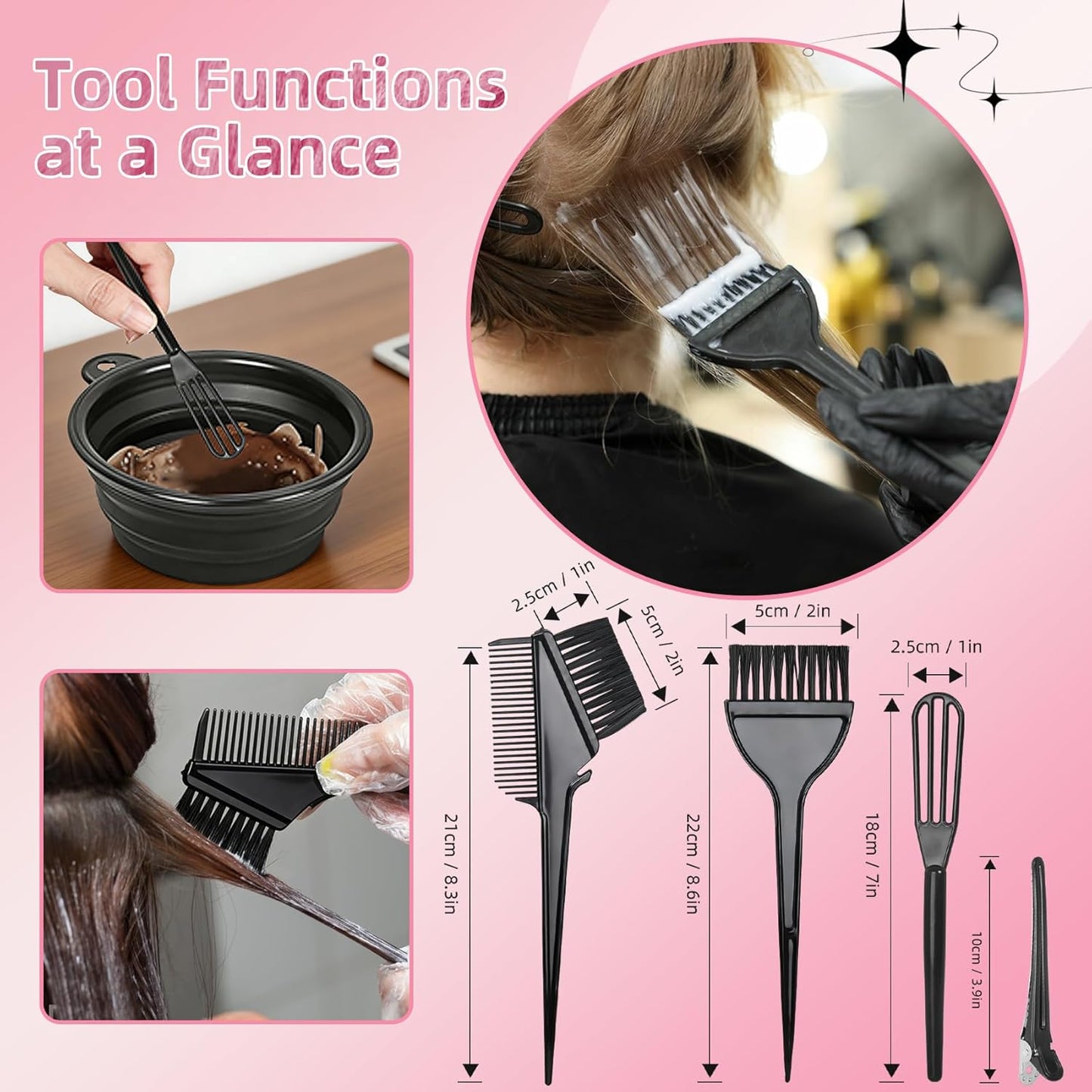 Hair Coloring Kit - 8 Professional Dye Tools for Home Salon Use | Bowl, Brush, Comb, Clips, Gloves, Shower Cap - Reusable Supplies (Black)