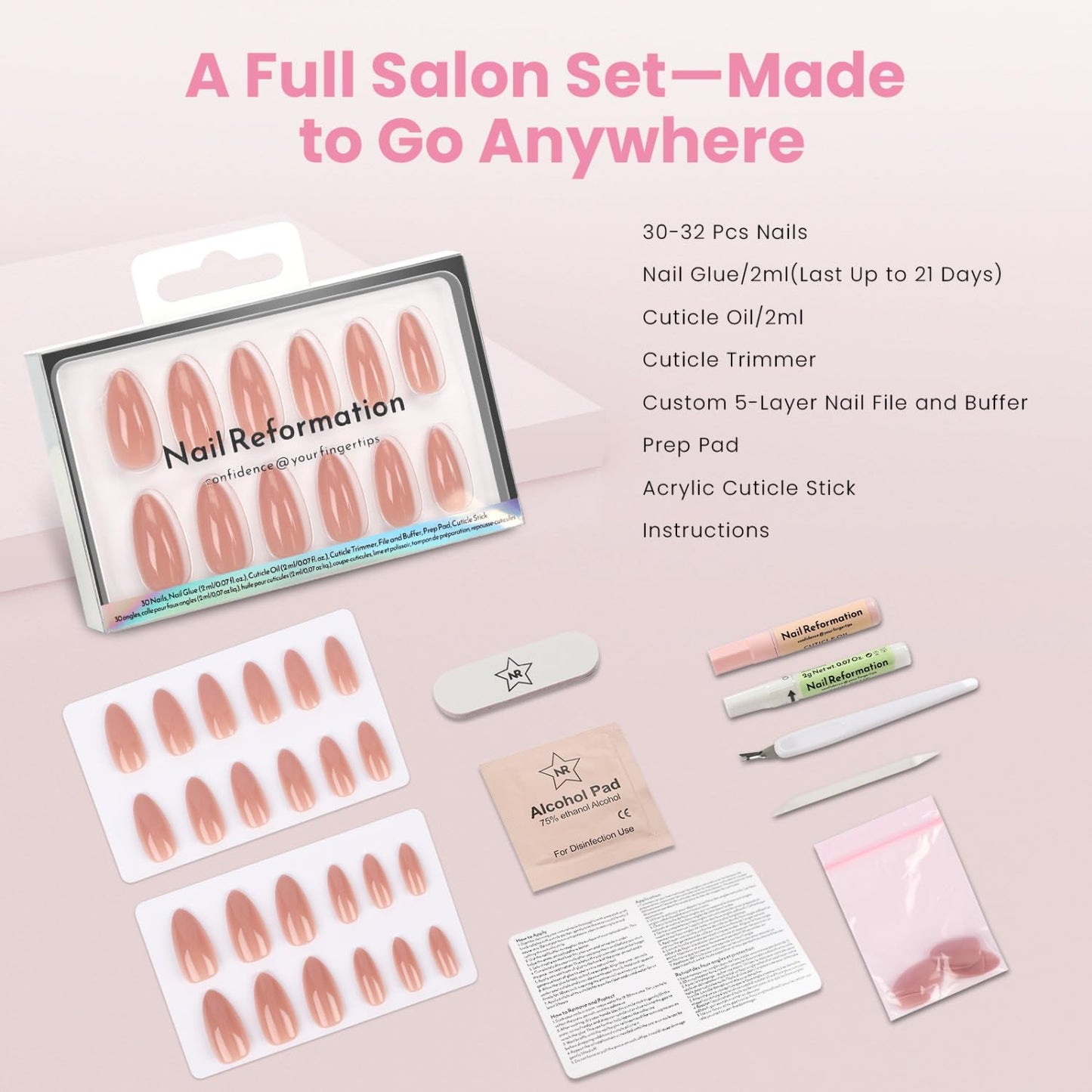 Press On Nails - Deep Nude Medium Almond Trench Coat | Glossy Finish, Reusable 30 Pcs Manicure Kit in 15 Sizes with Glue