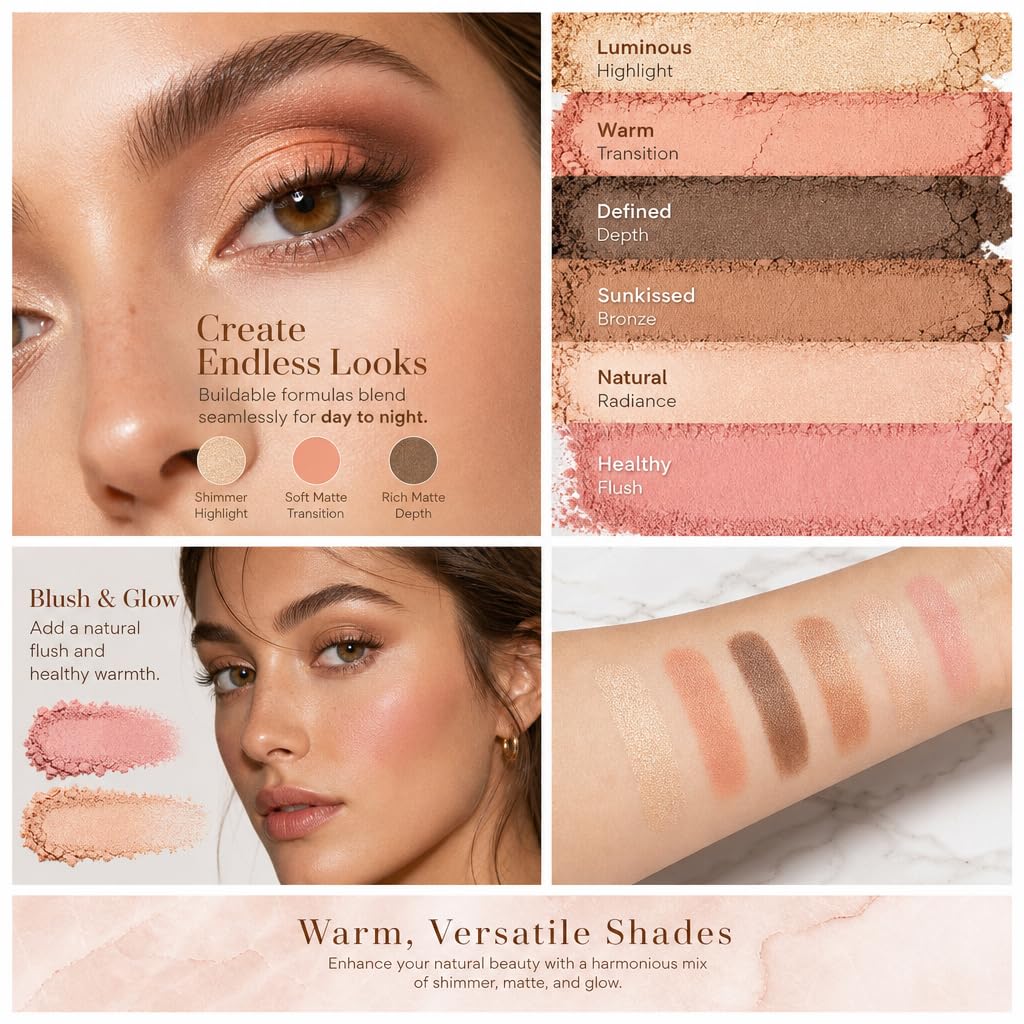 Ihuiniya 7 Colors Baked Makeup Palette, All in One Eyeshadow, Blush, Highlighter and Bronzer, Neutral Warm Tones, Natural Finish, Travel-Friendly Compact (PINK-7Color)