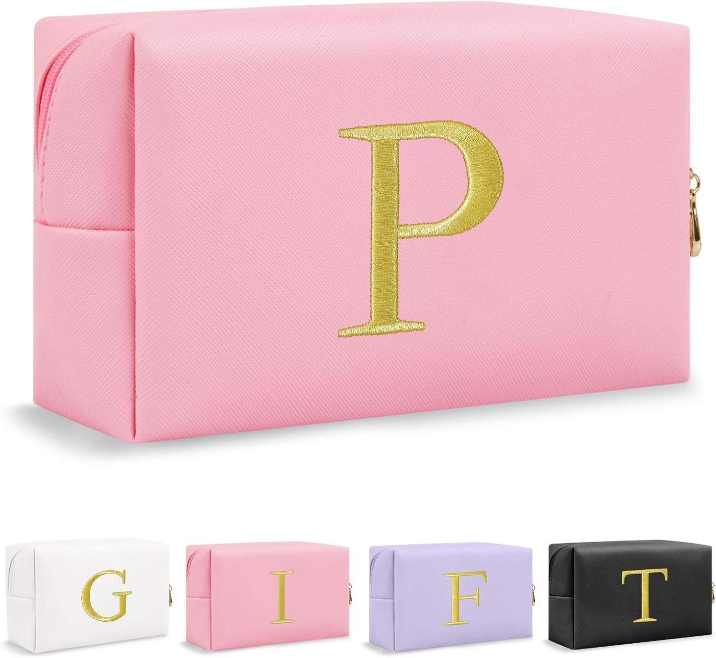 Personalized Initial Makeup Bag - Gold Embroidered Cosmetic Bag for Teens | Custom Travel Toiletry Bag (Black)