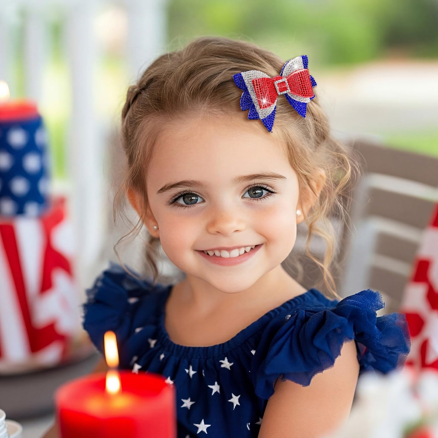Solsew 2Pcs 4th of July Hair Bows Red White Blue Rhinestone Clips for Women