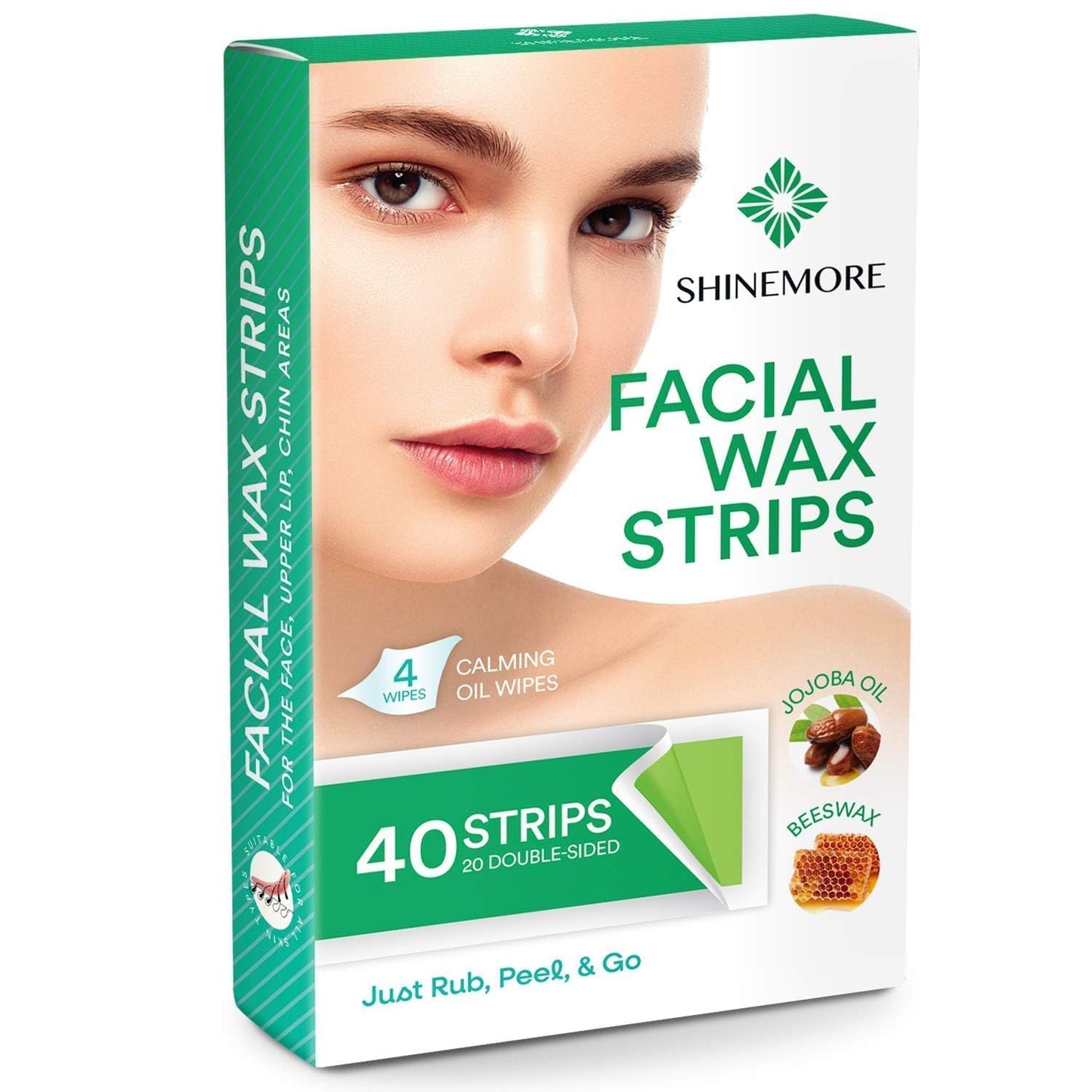 ShineMore Facial Wax Strips - Hypoallergenic Hair Removal for All Skin Types | 40 Strips + 4 Calming Oil Wipes