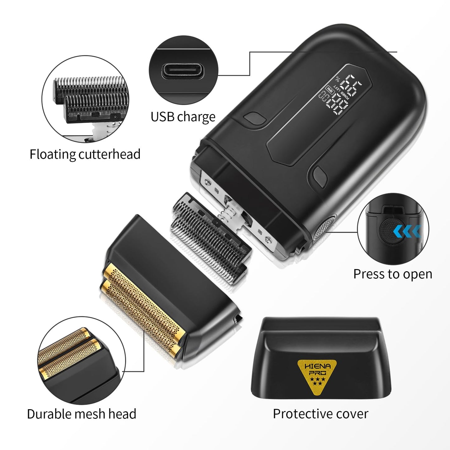 HIENA PRO Professional Reciprocating Electric Shaver for Men, Cordless Beard Trimmer & Bald Head Precision Trimmer, Foil Shaving and Men's Facial Grooming Tool with LED, Gifts for Men