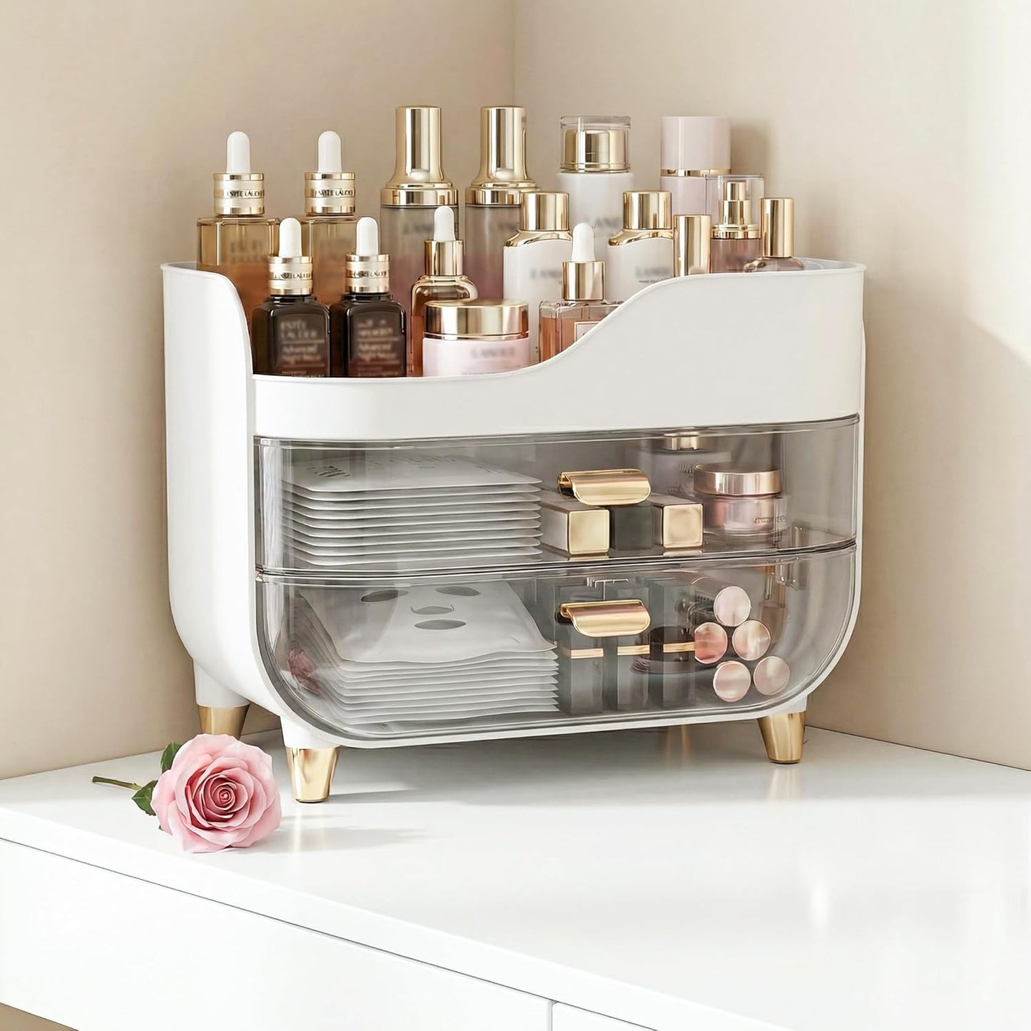 Makeup Organizer - Extra Large Skincare Storage with Smooth Drawers | Crystal Clear Vanity Display Case for Beauty Products
