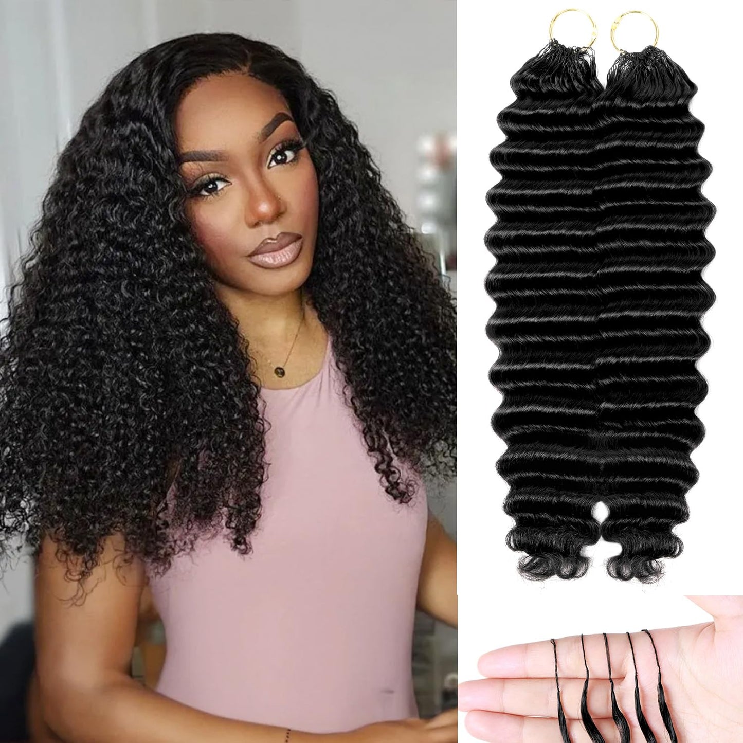 URFIRST Human Crochet Hair for Black Women 16 Inch 120g Deep Wave Feather Human Hair Crochet Extensions Miracle Knots Hair Curly Bundles Soft Lightweight Natural Black 100 Strands