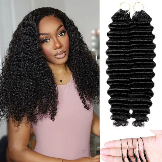 URFIRST Human Crochet Hair for Black Women 16 Inch 120g Deep Wave Feather Human Hair Crochet Extensions Miracle Knots Hair Curly Bundles Soft Lightweight Natural Black 100 Strands