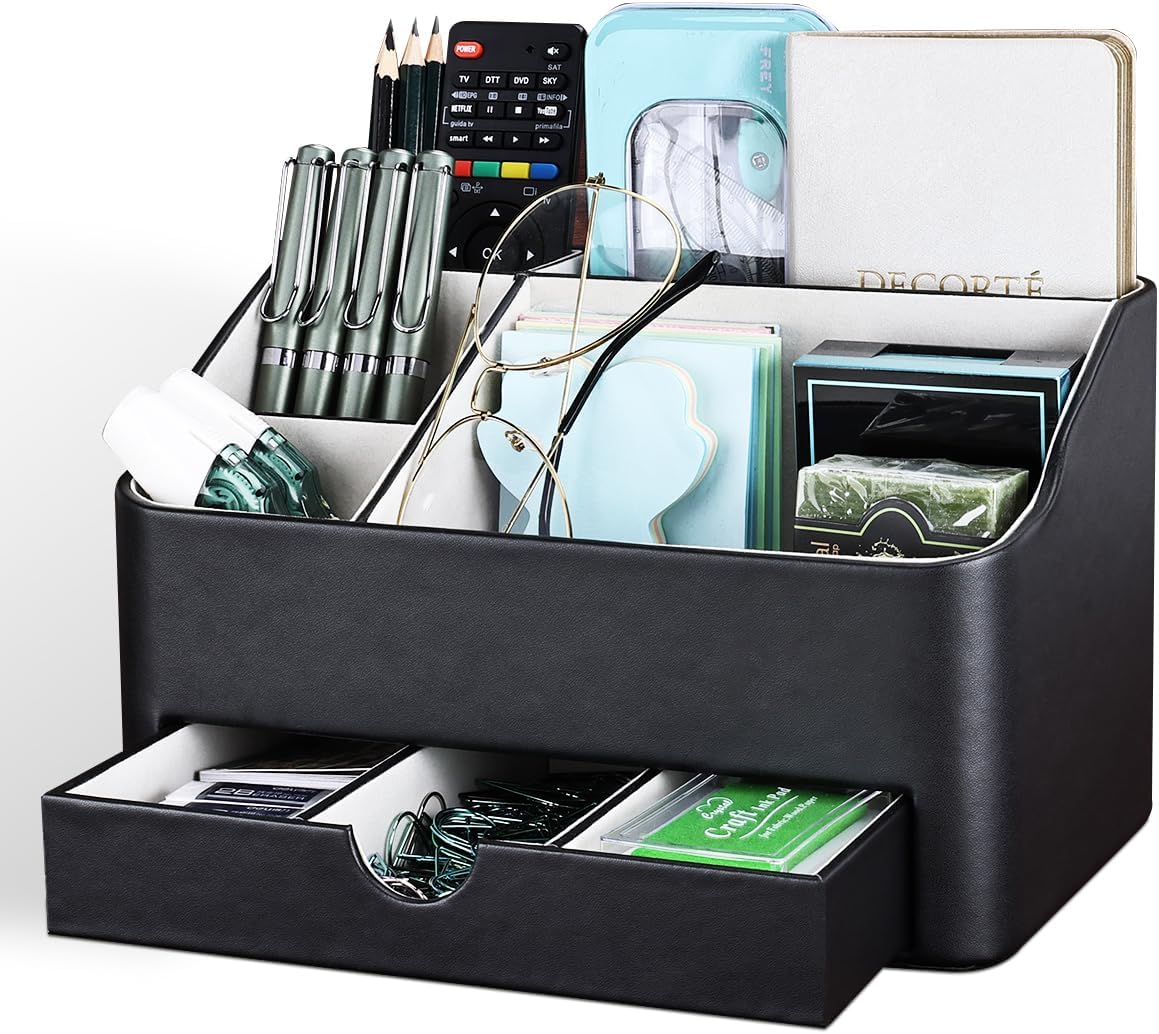 Leather Makeup Organizer - Stylish Cosmetic Storage with Drawer | Dresser & Vanity Organizer for Lipstick, Brushes & Skincare (Black)