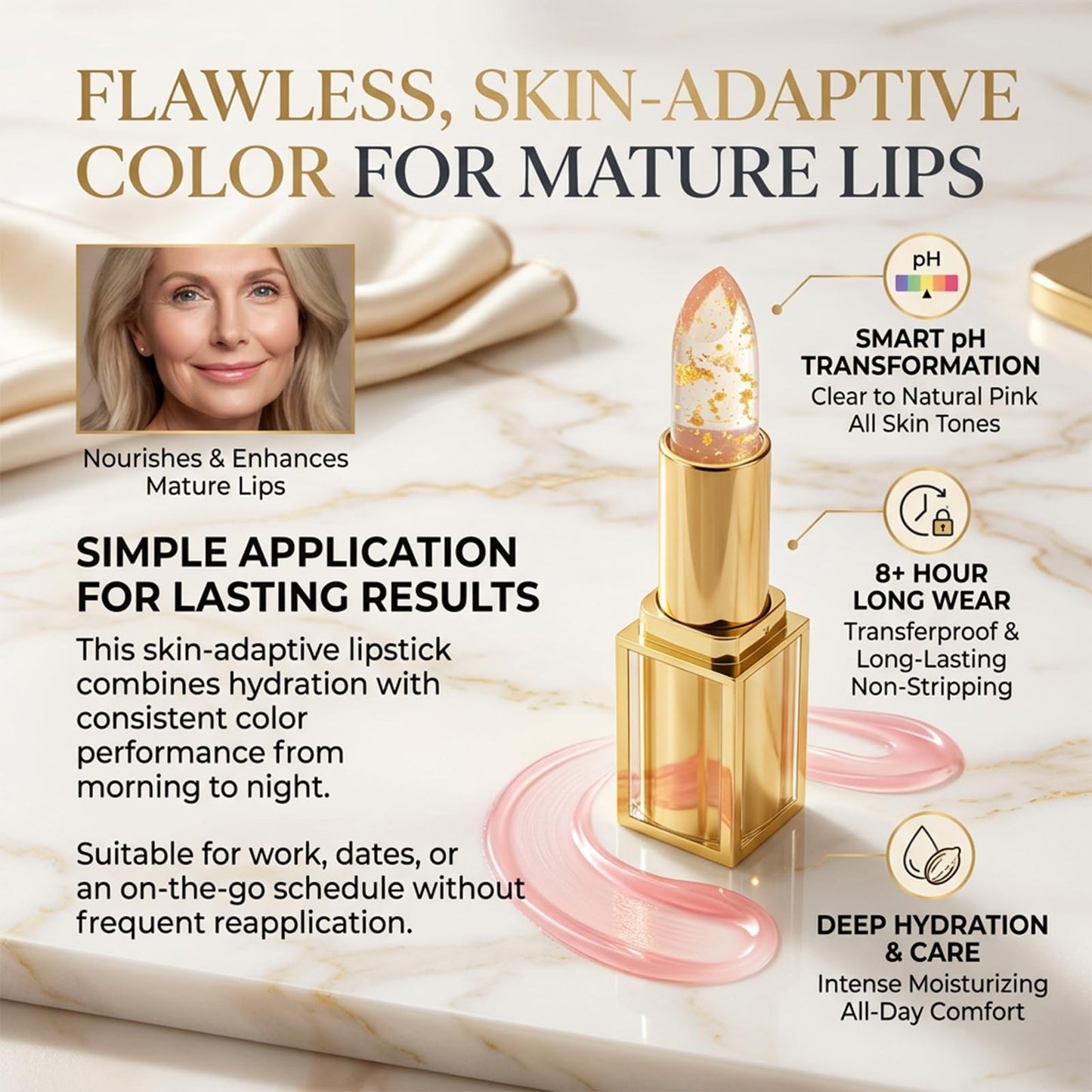 Areliaa signature Lipstick, PH Adjusting Color for Mature Women, Clear to Light Pink, Transferproof & Long-Lasting 8+ Hours, Hydrating Lip Care without Stripping, All Skin Tones (2)
