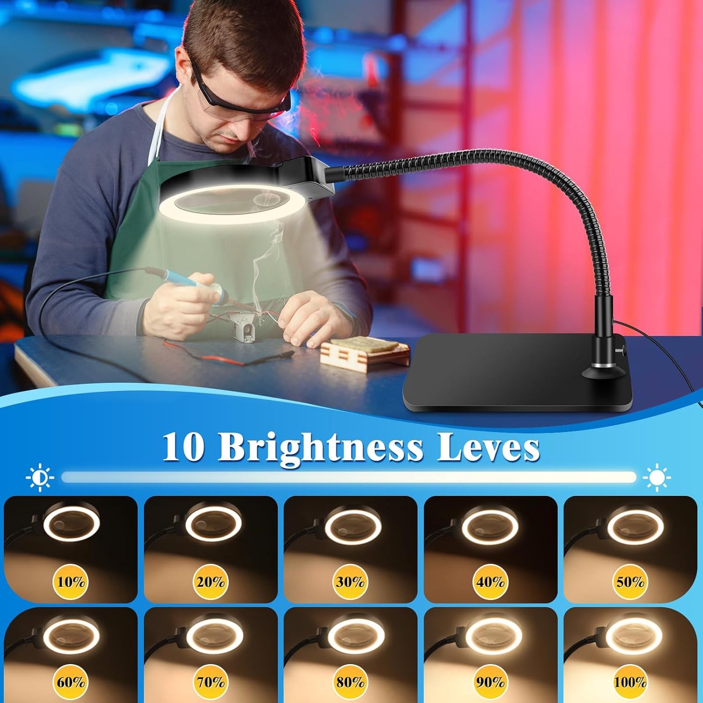 30X 10X Magnifying Glass with Light - 72 LED, Dimmable, Hands-Free Desk Lamp for Crafts | Square Design