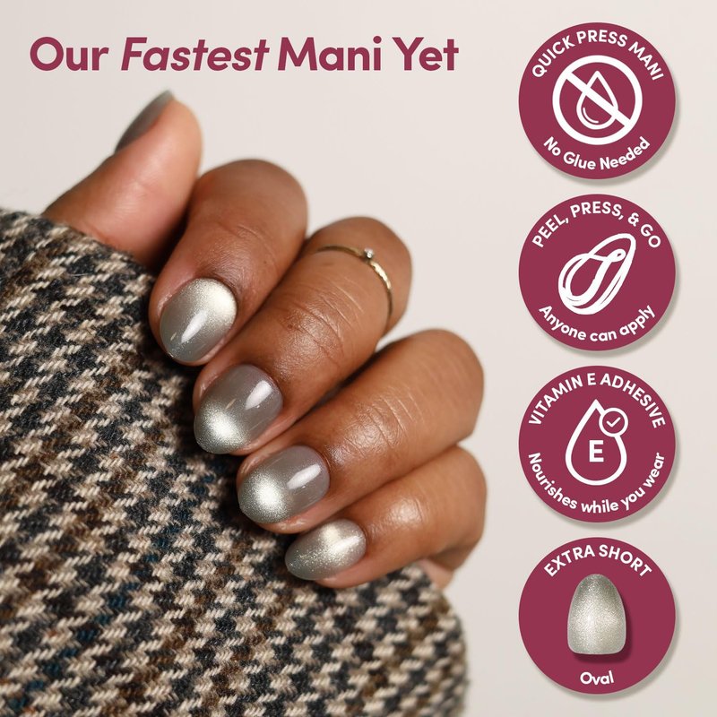 Glamnetic Quick Press Mani - No Glue Press On Nails, Just Peel and Stick, Oval Extra Short Nails, Mess Free, Salon Quality Stick On Nails, Sparkly Moss | in 15 Sizes - 30 Nail Kit