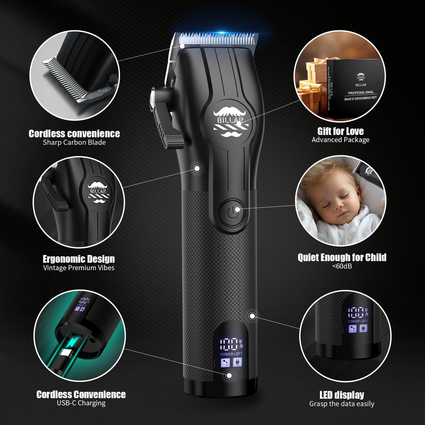 BILLAR® Cordless Barber Kit, Professional Hair Clipper Set with Trimmer and Foil Shaver, Rechargeable Haircut Grooming Tools for Men Barbers, Blackk